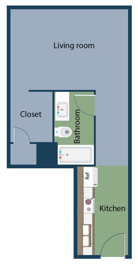 A diagram of a living room with a closet, bathroom, and kitchen.